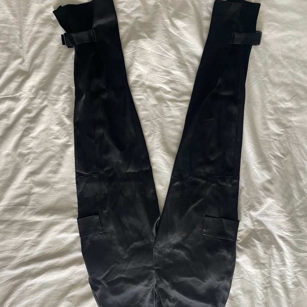 Black Satin Pants with Buckle Detail